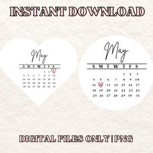 Offre groupée pour le mois de mai, calendrier 2025 uniquement | PNG en forme de coeur, téléchargement immédiat pour Cricut, gâteaux Burn Away et impressions comestibles | Superposition de coeur pour les dates