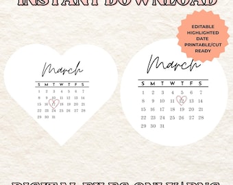 Calendario de marzo de 2026 (forma de corazón, forma redonda, impresiones comestibles) (descarga digital)