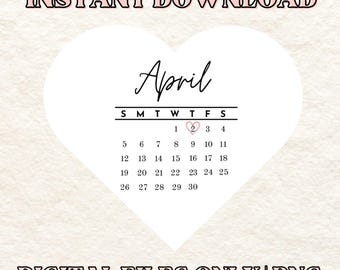 Calendario de abril de 2026 en formato PNG con forma de corazón, impresiones comestibles (descarga digital).