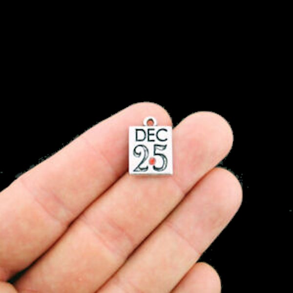 1-3-5 pcs.  December 25  Christmas Date Antique Silver Pendant Charms with Tiny Red Stone  14mm x 19mm