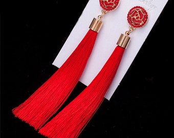 Long Dangle Tassel Earrings Bohemian Style with Rhinestone Rose Design Earrings ( 7 Colors to choose ) * Limited run