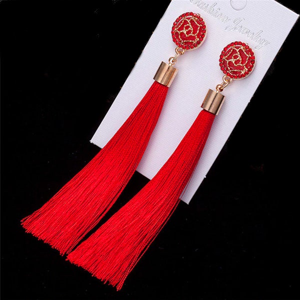 Long Dangle Tassel Earrings Bohemian Style with Rhinestone Rose Design Earrings ( 7 Colors to choose ) * Limited run