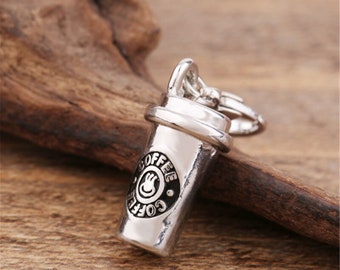 3-D Coffee Travel Cup 21mm x 10.5mm Silver Rhodium Plated Charm With Lobster Claw