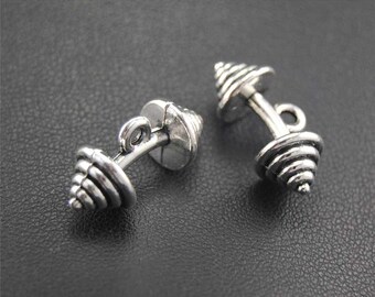 4 pcs. Barbell Dumbbell Weight Lifting Antique Silver 3-D Charm Bodybuilding Fitness Charm Pendant