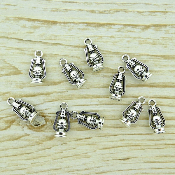 10 pieces 3D Lantern Outdoor Camping Oil lamp Antique Silver Pendant Charm 8mm X 16mm