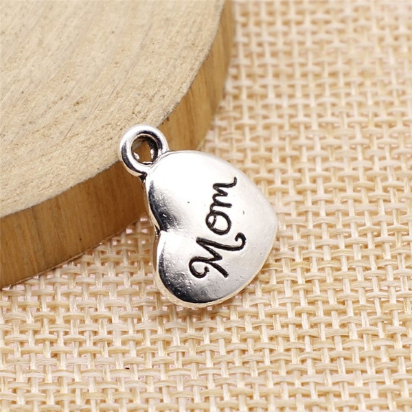 5 pcs. Mom Double Sided Heart Charm Antique Silver Charm Pendant Mom Heart Shape Charms 15 x 18mm