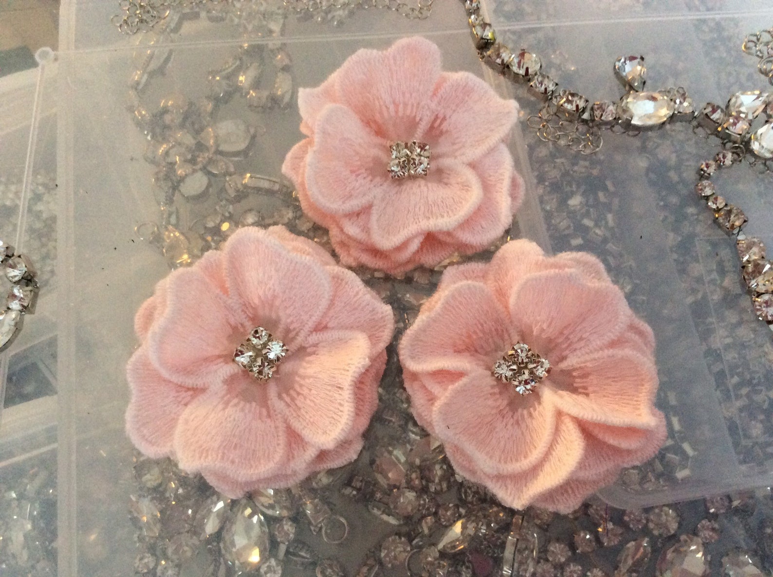 Set of 3 6cm embroidered organza flowers pink  ivory  etsy
