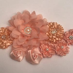 Set of 8__ Peach Chiffon & Satin Fabric Flower Embellishments, DIY Craft Supplies, (ML007)