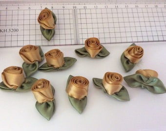 Set of 10__ Gold__ Mini Satin Rose with Leaves__ DIY Crafts Supplies