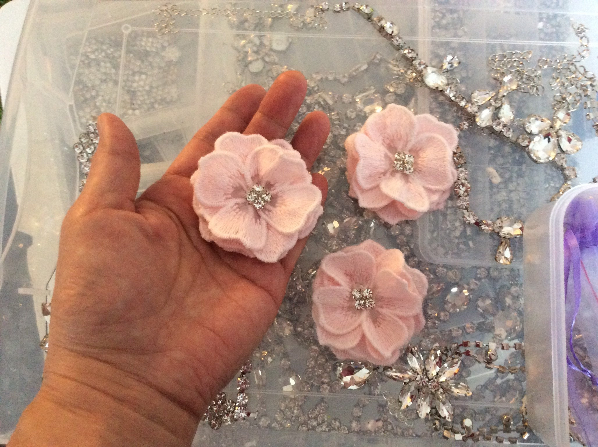 Set of 3 6cm embroidered organza flowers pink  ivory  etsy