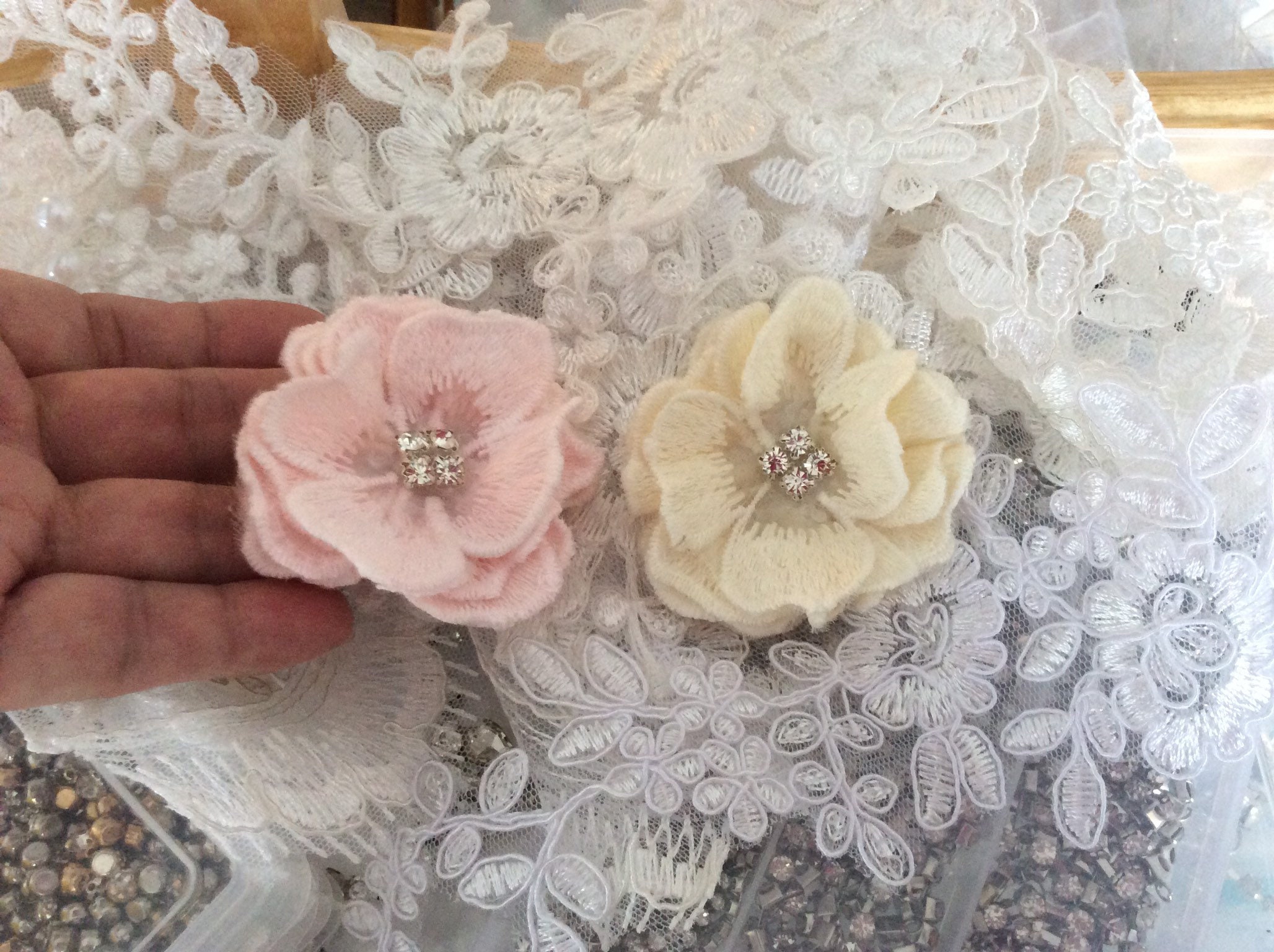 Set of 3 6cm embroidered organza flowers pink  ivory  etsy