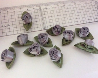 Set of 10__ Silver__Mini Satin Rosette with Leaves__ DIY Crafts Supplies