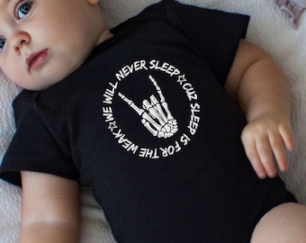We Will Never Sleep Baby Onesie | BMTH Inspired Baby Clothes, Metalcore Baby Onesie, Rock Baby Outfit, Infant Band Merch, Baby Shower Gift