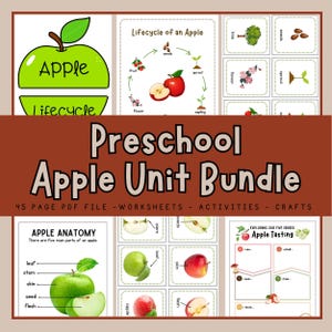 May include: Educational printables for preschool children, focusing on apples. The image shows worksheets and activities, including apple anatomy diagrams, the apple life cycle, and a tasting exercise. The title "Preschool Apple Unit Bundle" is displayed.