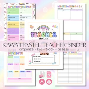 Può includere: Un set di planner digitale per insegnanti con pagine dai colori pastello decorate con illustrazioni di arcobaleni, nuvole e orsetti. Include modelli per contatti importanti, piani di lezione, compleanni di classe e fogli di iscrizione.