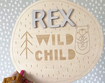 Personalised WILD CHILD Wooden Name Sign - Nursery Decoration - Children's & Kid's Bedroom Sign - Scandi Boho Theme Nursery