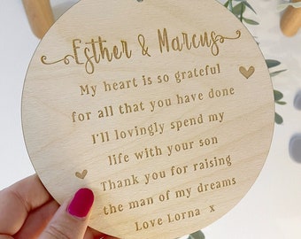 Parents Of The Groom Plaque - Gift For Grooms Mother - Gifts For Grooms Father - Thank You Father & Mother in Law On Wedding Day - Favour