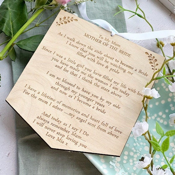 Plaque en bois à suspendre pour la mère de la mariée - Cadeau pour la mère de la mariée - Le jour de mon mariage - Cadeau pour maman - Faveur de mariage, enterrement de vie de jeune fille