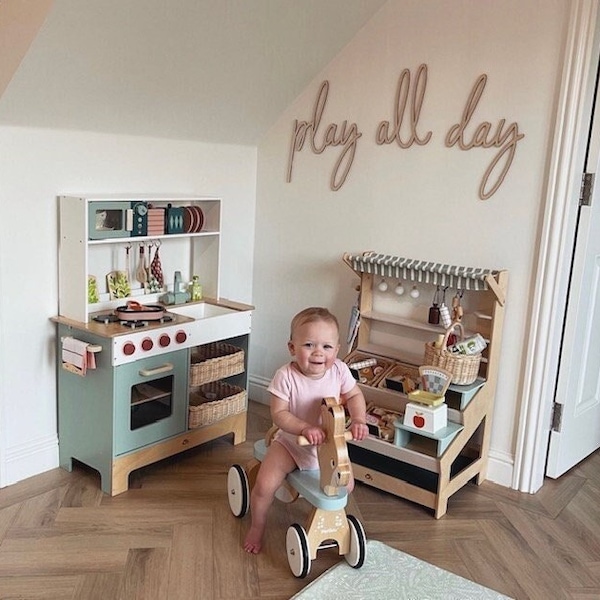 Play All Day Wooden Sign - Scribble Font Nursery Decor