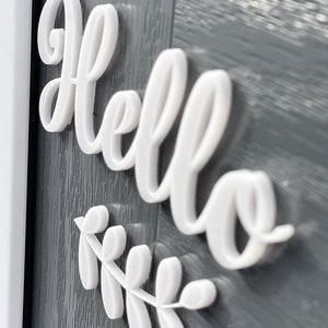 May include: White 3D letters spelling "hello" with a white 3D leaf branch underneath. The letters and branch are attached to a dark grey surface.
