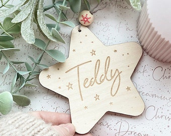 Personalised Name Wooden Hanging STAR - Christmas Tree Decorations - Christmas Gift Tag - Christmas Decoration Children - Festive Ornament