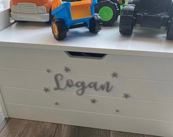 TOY BOX SIGN Coloured Acrylic Name Sign with Stars or Hearts - Nursery or Children's Bedroom Sign - Baby Name - Laser Coloured Acrylic Sign