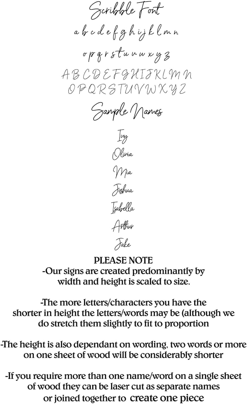 Op de afbeelding: Een zwart-wit afbeelding die een handschrift genaamd "Scribble Font" laat zien. De afbeelding toont het kleine en grote alfabet, samen met een lijst met voorbeeldnamen die in het lettertype zijn geschreven. De afbeelding bevat ook instructies voor het gebruik van het lettertype, waarbij wordt opgemerkt dat de grootte van de letters wordt geschaald naar de grootte van het bord en dat de hoogte van de letters kan vari&euml;ren afhankelijk van het aantal letters in de naam.
