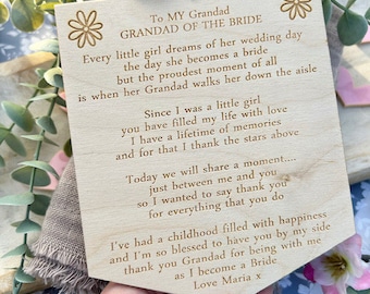 GRANDAD Of The BRIDE Wooden Sign Plaque - Gift For Grandad Of The Bride - On My Wedding Day - Gift For Grandad - Wedding Favour - Grandpa