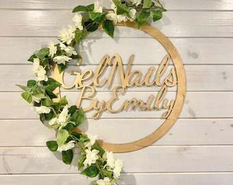 Personalised HOOP Large Wooden Sign - ANY WORDING - Business Name Sign -Name Sign Hoop - Name or Business Name Circle - Flower Wall Ply Sign
