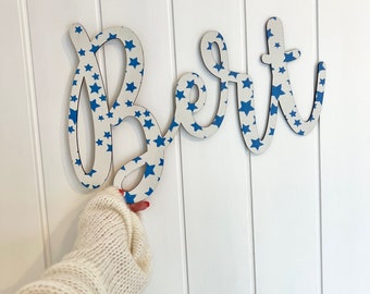 Wooden Name STARS PRINT Sign - Star Nursery Decor - Baby Name Sign - Kid's Bedroom Sign - Star Sign - Toy box Name Various Colours Available