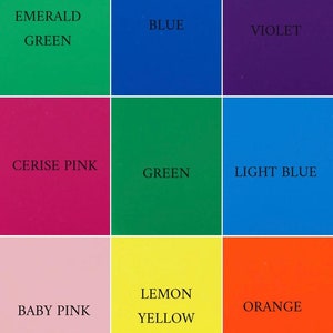 May include: A colour chart with nine squares showing different shades of colour. The colours are emerald green, blue, violet, cerise pink, green, light blue, baby pink, lemon yellow, and orange.