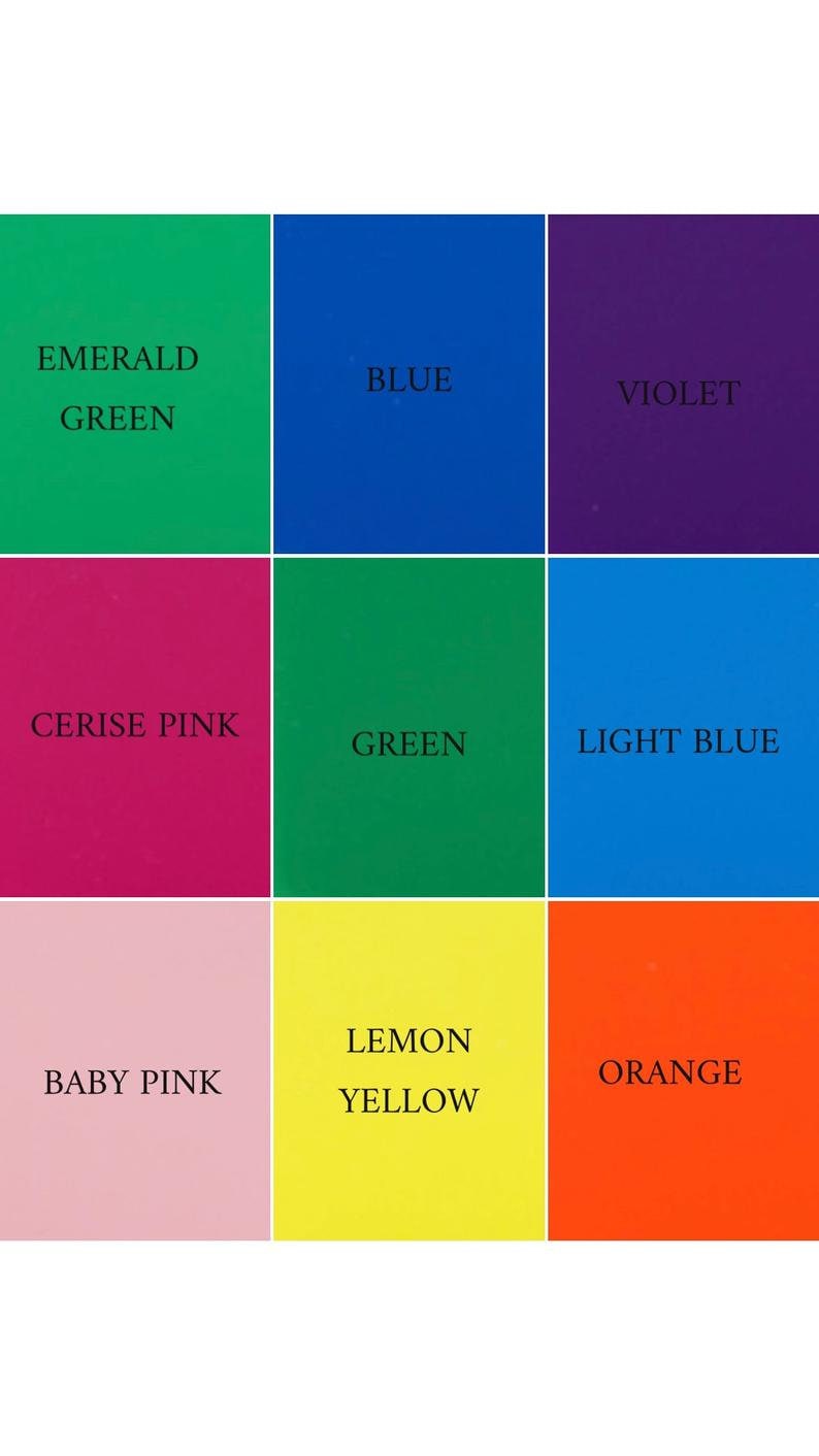 May include: A colour chart with nine squares showing different shades of colour. The colours are emerald green, blue, violet, cerise pink, green, light blue, baby pink, lemon yellow, and orange.