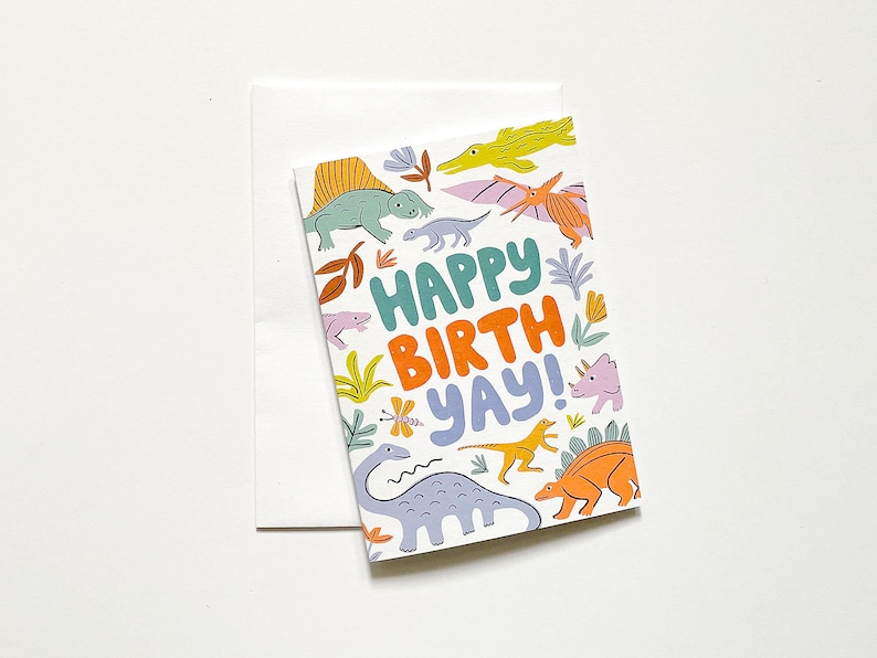 Happy Birth Yay Greeting Card Dinosaurs Card Kids Gift Card Kids Birthday Card Recycled Card and Envelope image 1