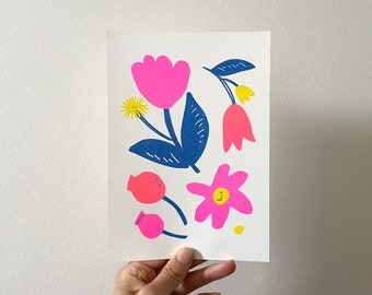 Risograaf afdrukken | Bloemenkunstprint | A5-formaat