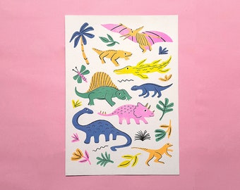 Dinosaur Risograph Art Print | Kids, Children's, Living, Study, Bedroom Wall Art | Limited Edition Riso Art Print | A4 Size