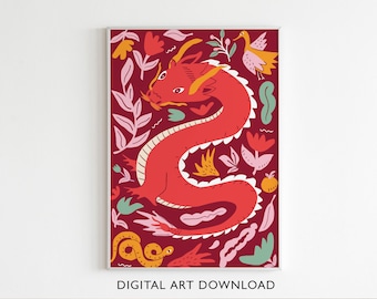 Jahr des Drachen Digitaldruck, neues Mondjahr, chinesischer Drache, chinesisches Sternzeichen Wandkunst