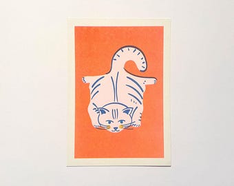 Flat Cat Risograph Art Print Cat Lover, Cute, Living, Study, Bedroom Wall Art, Limited Edition, A5 Size