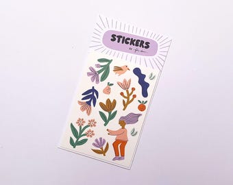 Fleurs, Oiseau, Feuille d'autocollants pour fille, Stickers mignons, Dessinés à la main