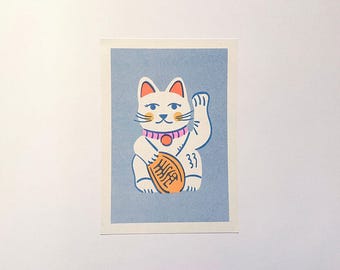Lucky Cat Risograph Art Print Cat Lover, Living, Study, Bedroom Wall Art, Limited Edition, A5 Size