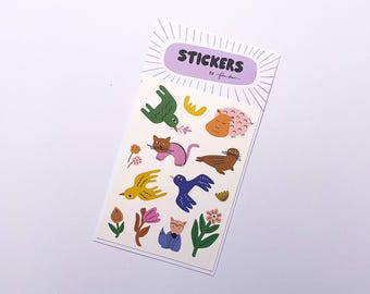 Stickervel schattige dieren en bloemen, handgetekende stickers
