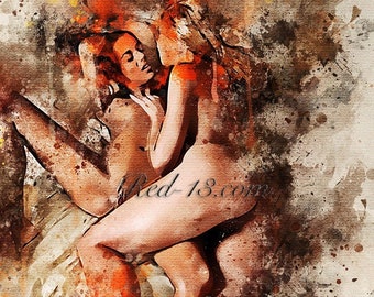 Artistic SHIBARI nude woman drawing,  naked woman, Fine Art Nude Print , Wall Art ,  Erotica Wall Art , Sensual Art, Kinbaku