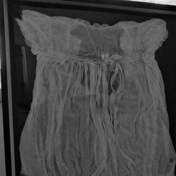 Ghost Baby~In Remembrance~Memorial to Child Lost~Poignant Framed Baby's Dress and Lock Of Hair~Curiosity~Memento Mori~