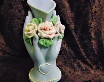 Beautiful Vintage French Blue Hands Vase with Roses. Victorian Style. Pretty Vanity Item.Raised White Dotted Detailling.