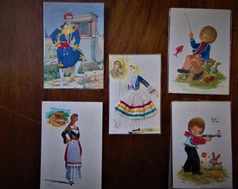Set of 5 Unused Vintage Silk Postcards - Artists  Elsi Gumier/Isabel/Peralla Hand Stitched 1940s