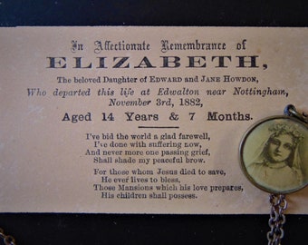 Beautiful Memorial to Elizabeth aged 14....Memorial Card with her Communion Photograph Locket....Keepsake for a Cherished Daughter 1882