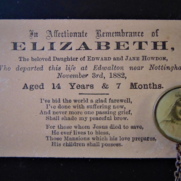 Beautiful Memorial to Elizabeth aged 14....Memorial Card with her Communion Photograph Locket....Keepsake for a Cherished Daughter 1882