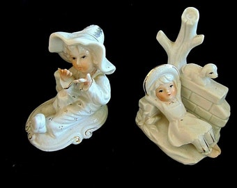 2 Cute Little Child Figurines The Little Puppy is the Star 1950s