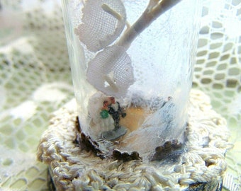 Dearly Beloved.... Micro Miniature Bride and Groom. Wedding Under Dome. Assemblage Art. Found Objects. Dome is 3cm high.