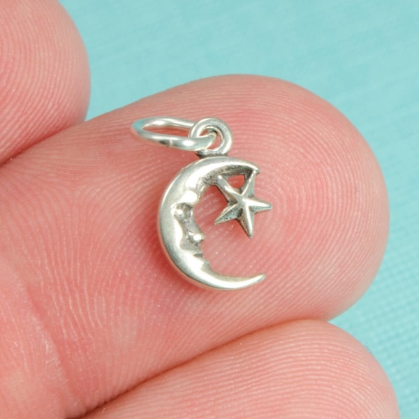 925 Sterling Silver Small Mini Moon Face & Star Bracelet Charm, DIY, Pendant, (C065)