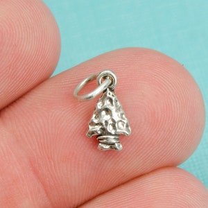May include: A silver charm in the shape of an arrowhead. The arrowhead is textured and has a loop at the top for attaching to a bracelet or necklace.